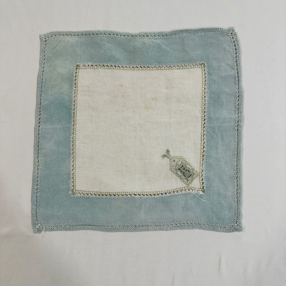 Vintage Linen Handkerchief Blue Cream Embroidered Lace Trim Square Pocket Square